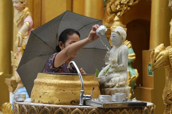 Kvinnfolk vasker Buddha – stockfoto