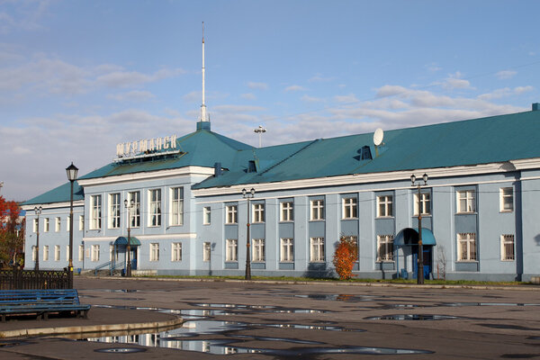 Facade of station in port Murmansk, north Russia