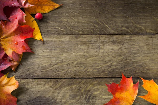 Žlutá podzimní listí na pozadí staré dřevo — Stock fotografie
