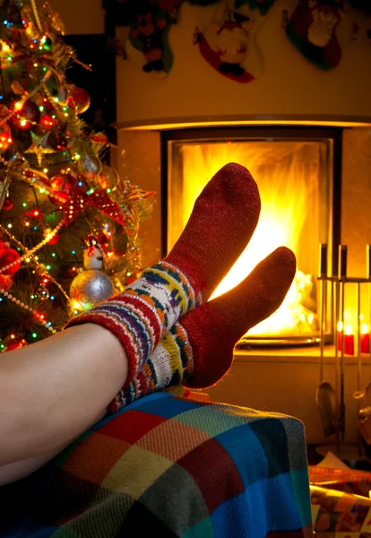 stock image Romantic winter evening by the fireplace Christmas and Christmas tree