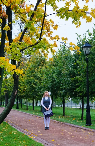 La colegiala caminando por el parque de otoño avenida — Foto de Stock