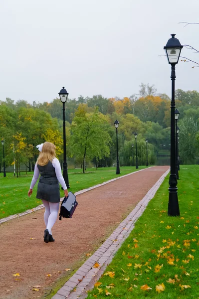 The schoolgirl walking down the avenue autumn park — Stock Photo, Image