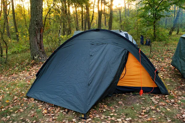 Tente de camping en forêt et soleil levant Image En Vente