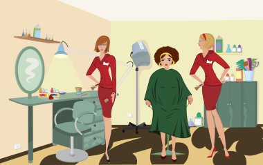 Beauty salon client two salon workers in red uniforms clipart