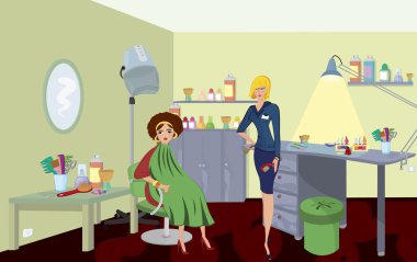 Beauty salon professional with comb and a client in green robe clipart