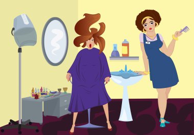 Beauty salon professional and a client near stand up blow dryer clipart