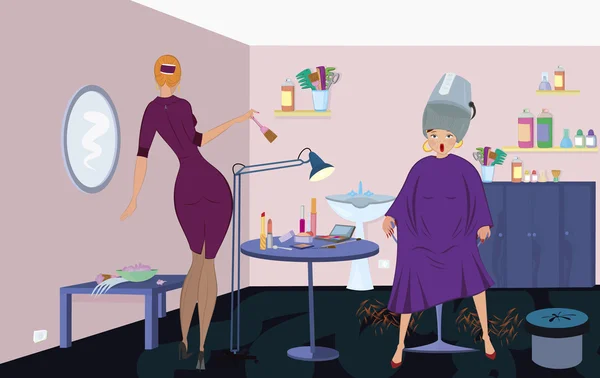 Travailleur de salon de beauté avec brosse et client sous sèche-cheveux debout — Image vectorielle