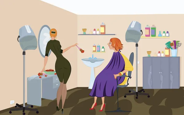Salão de beleza trabalhador está aplicando tintura de cabelo —  Vetores de Stock