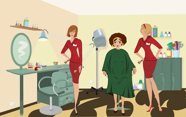 Beauty salon client twee salon werknemers in rode uniformen — Stockvector