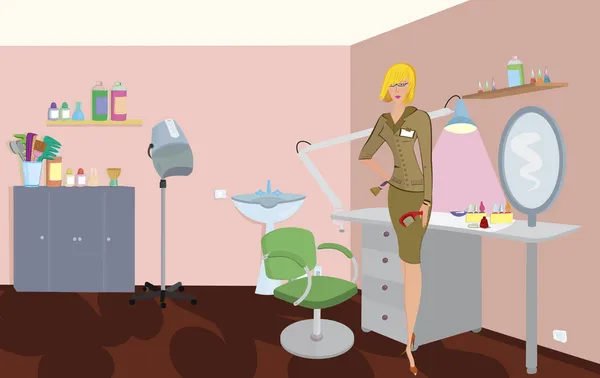 櫛とブラシを持つ美容室の専門家は椅子の近くに立っています — ストックベクタ