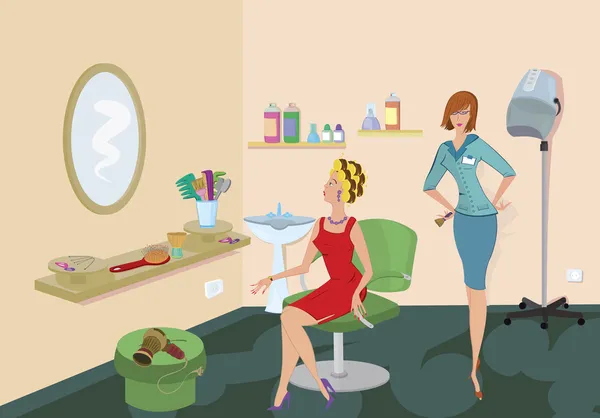 Beauty salon client in red dress is looking in the mirror — Stock Vector