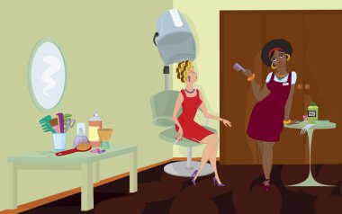 Beauty salon client sitting under hair dryer stand clipart