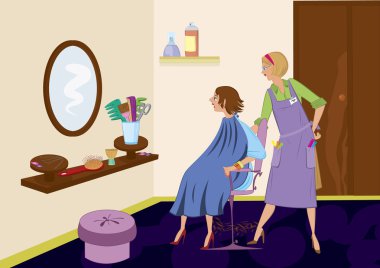 Beauty salon brunet looking in the mirror after hair cut clipart