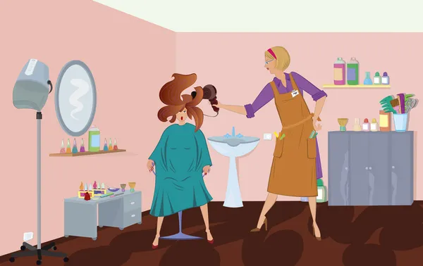 Salon piękności profesjonalny jest suszenie włosów klienta — Wektor stockowy