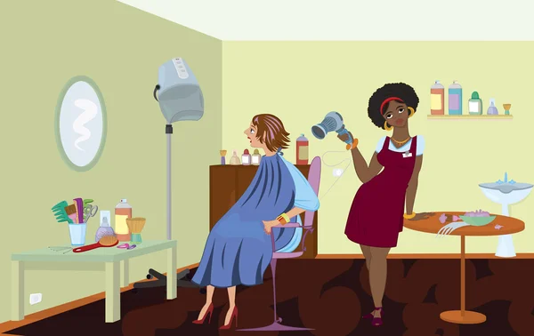 Salón de belleza profesional está secando el cabello de los clientes después de morir — Vector de stock