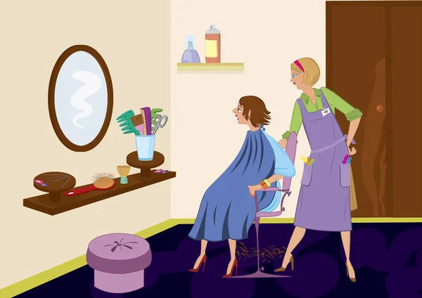 Salone di bellezza brunetta guardando allo specchio dopo il taglio di capelli — Vettoriale Stock