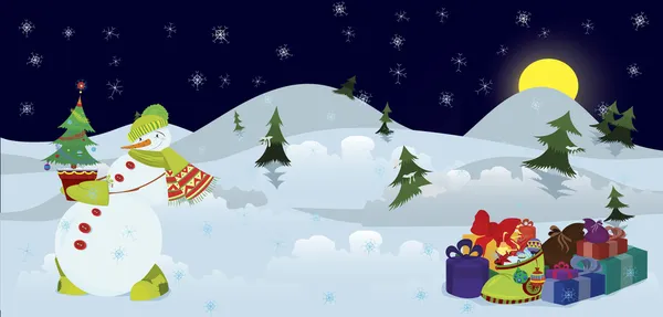 Muñeco de nieve y árbol de Navidad en el banner de olla — Vector de stock