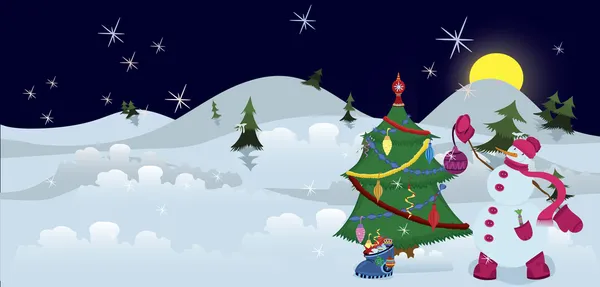 Muñeco de nieve está decorando banner árbol de Navidad — Vector de stock