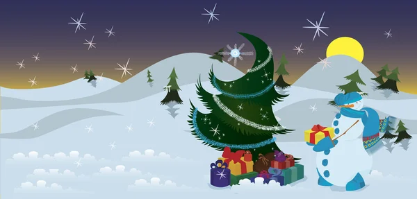 Sněhulák s dárky u nápisu vánoční stromeček — Stockový vektor