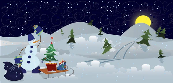 Snowman with bag and sleds banner — Stock Vector