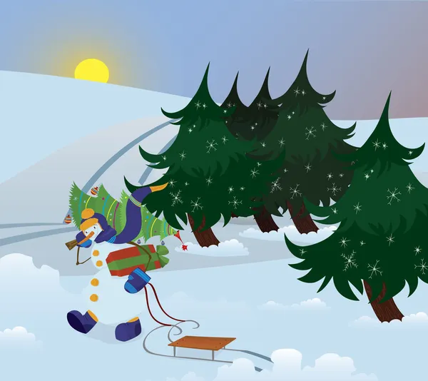 Snowman camina por el bosque — Vector de stock