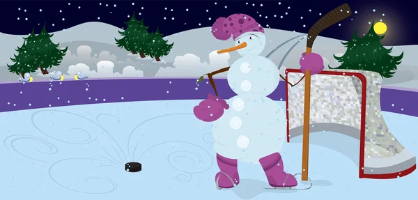 Snowman is playing ice-hockey banner — Stock Vector