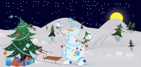 Muñeco de nieve está decorando la bandera del árbol de Navidad — Vector de stock