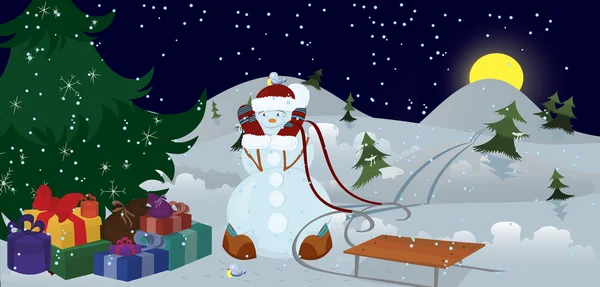 Hóember és a madarak az karácsonyfa banner — Stock Vector