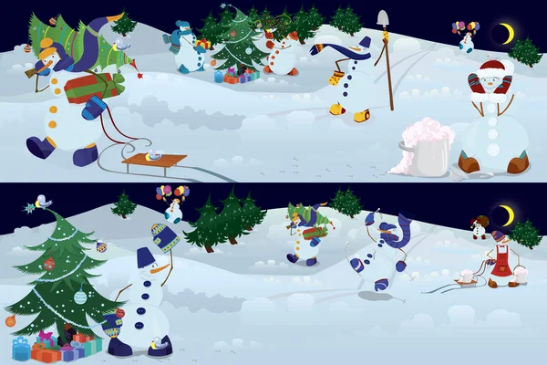Снеговики, живущие в волшебном лесу — стоковый вектор