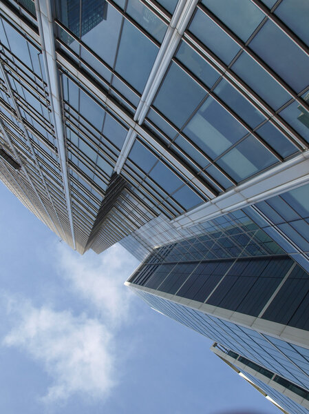 Modern highrise steel and glass architecture in the business district of Canary Wharf, London Docklands, UK