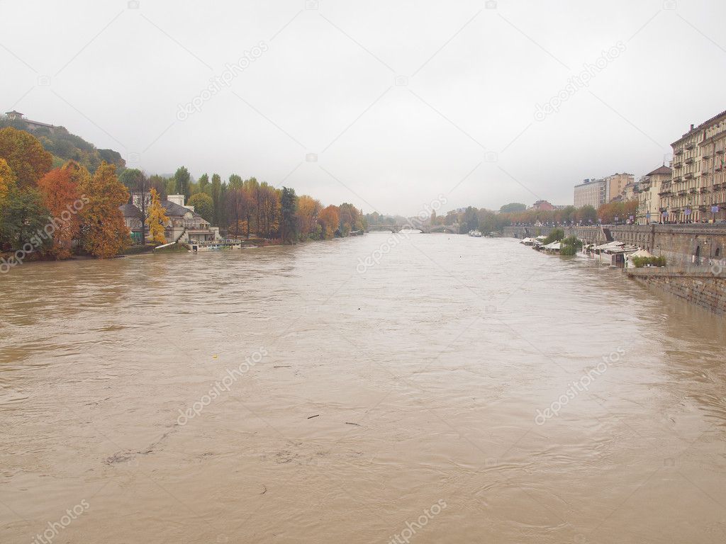 River Po flood in Turin, Piedmont, Italy