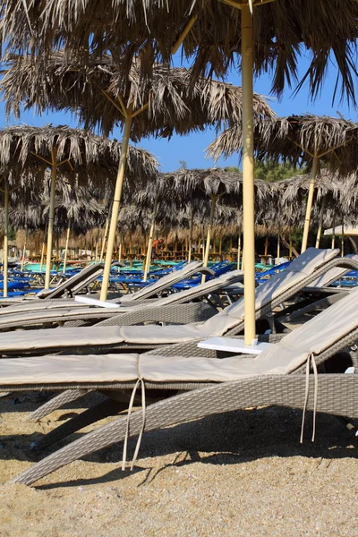 Sahilde şezlong ve şemsiyeler mavi denize sıfır — Stok fotoğraf