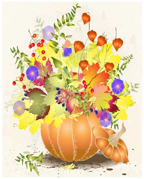 Üdvözlés kártya-val egy pumpkin.illustration tök, vad szőlő, Vörösáfonya, — Stock Vector