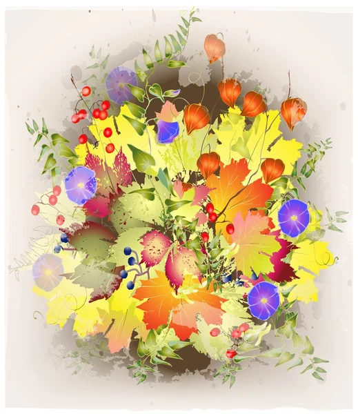 Fundo outonal.Cartão de saudação com folhas e flores de outono . —  Vetores de Stock