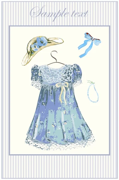 Carte de voeux avec une robe, un chapeau, un arc et une perle — Image vectorielle