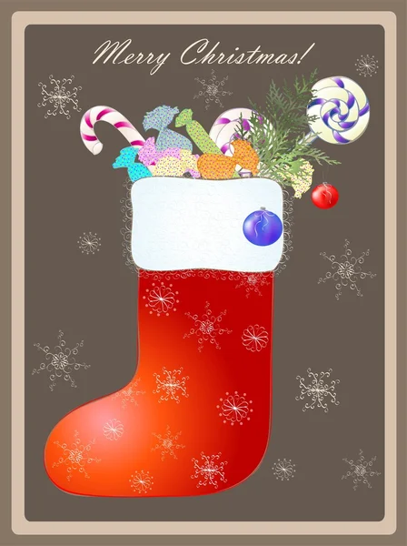 Carte de voeux avec une botte de Père Noël et des cadeaux . — Image vectorielle