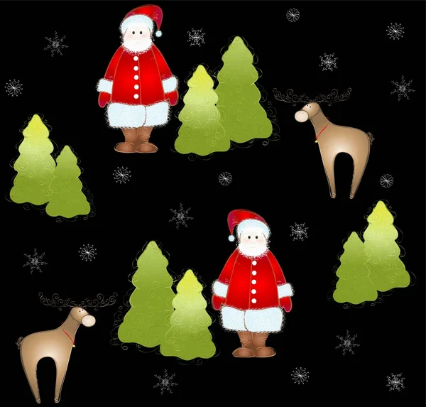 Nahtloser Hintergrund. Illustration Weihnachtsmann und Hirsch und Tanne und Schneeflocken — Stockvektor