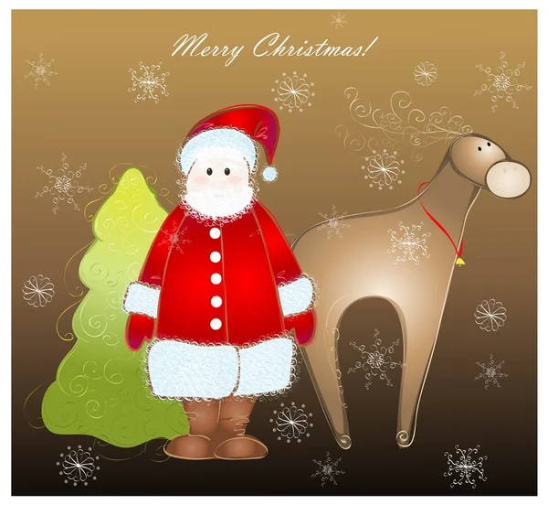 Carte de vœux avec Père Noël et cerf et sapin — Image vectorielle