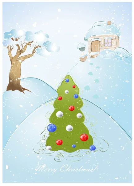 Tarjeta de felicitación con árbol de Navidad o vidrio de juguete decorado de Año Nuevo y festo — Vector de stock