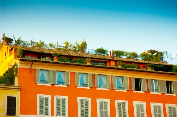Bright orange house with plants on the roof — Stock Photo, Image
