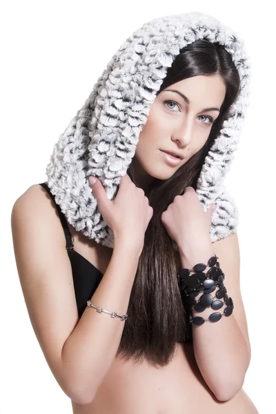 Sexual young woman in white fur hood — Stock Photo, Image