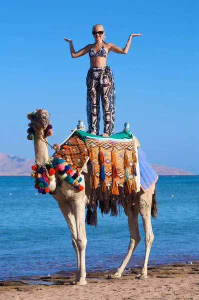 bir deve üzerinde duran kadın