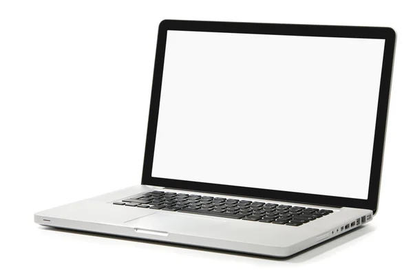 Laptop baru dengan layar putih pada latar belakang putih — Stok Foto