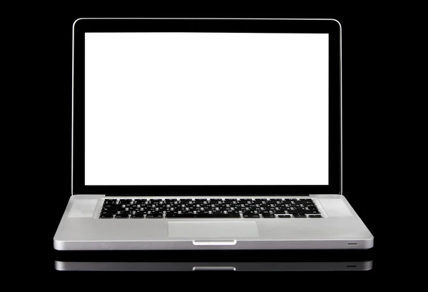 Neuer Laptop mit weißem Bildschirm auf schwarzem Hintergrund — Stockfoto