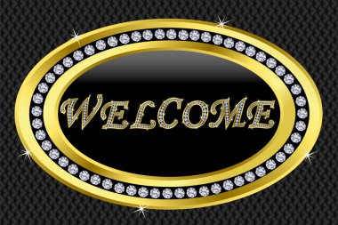 Welcome icon, golden sign with diamonds clipart