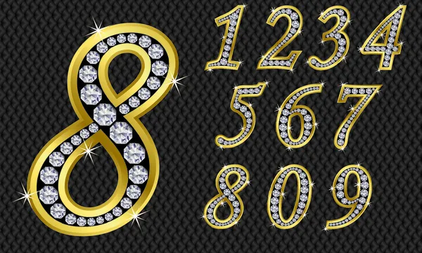 Conjunto de números, de 1 a 9, dourado com diamantes — Vetor de Stock