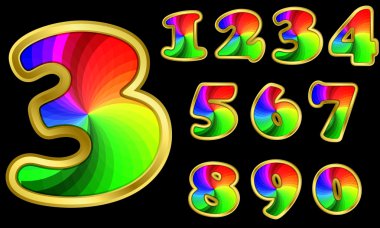 Colorful numbers, rainbow numbers with golden frame, vector illustration clipart