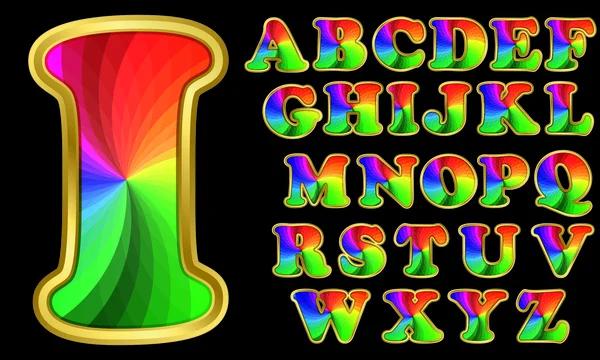 Alfabeto colorato, lettere arcobaleno con cornice dorata, illustrazione vettoriale — Vettoriale Stock