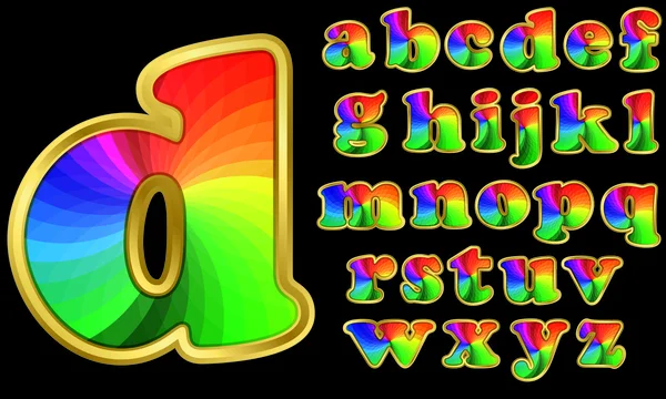 Alfabeto colorido, letras de arco iris con marco dorado, ilustración vectorial — Archivo Imágenes Vectoriales
