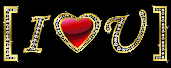 Ich liebe dich, Symbol, Gold mit Diamanten, Vektorillustration — Stockvektor